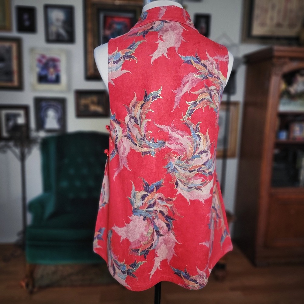 Han Tang Yuan Vest Red Floral Tapestry Pearl Frog Closure Sleeveless Jacket NEW - Picture 5 of 8